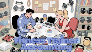 Personal training business and fitness coach reviewing accounting spreadsheets and charts in a gym office with laptops and dumbbells, representing fitness trainer bookkeeping and tax planning.