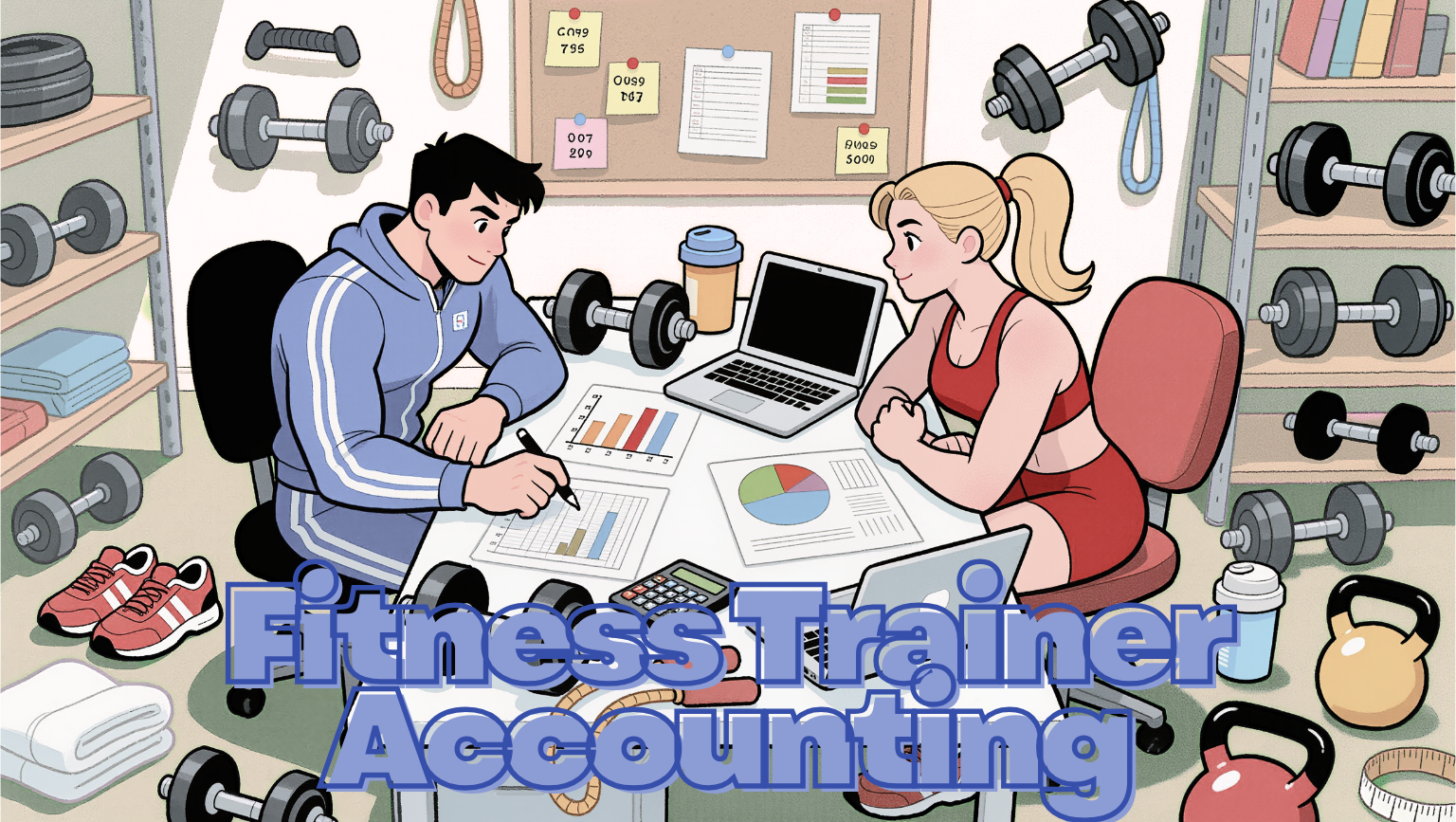 Personal training business and fitness coach reviewing accounting spreadsheets and charts in a gym office with laptops and dumbbells, representing fitness trainer bookkeeping and tax planning.