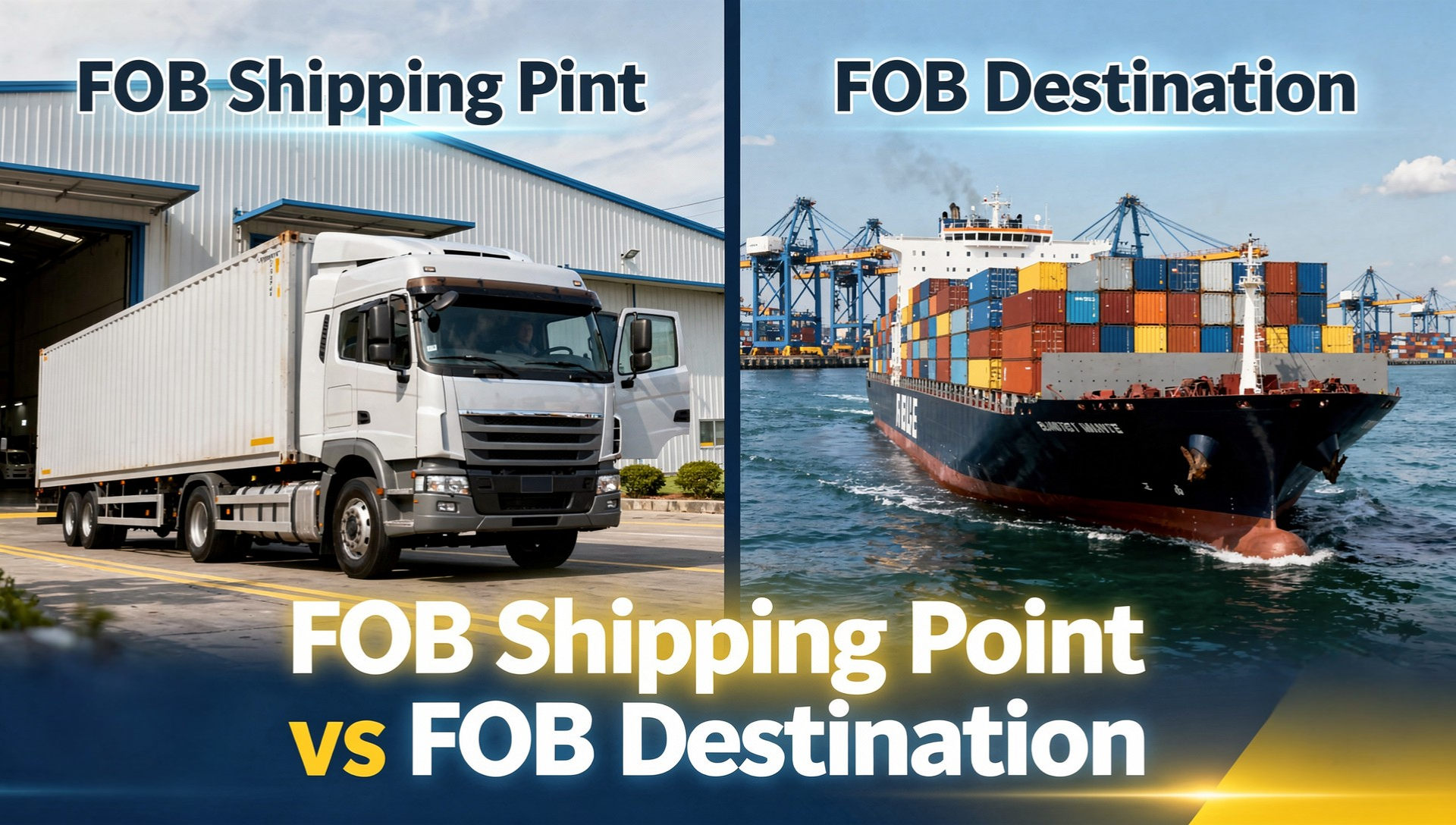 Split-screen graphic comparing FOB Shipping Point and FOB Destination with cargo truck, cargo ship, cost arrows, and risk icons.