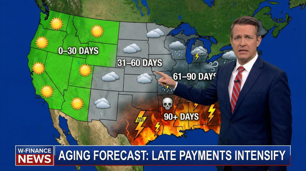 Illustration explaining bad debt accounting through an accounts receivable aging forecast showing 0–30, 31–60, 61–90, and 90+ day overdue balances.