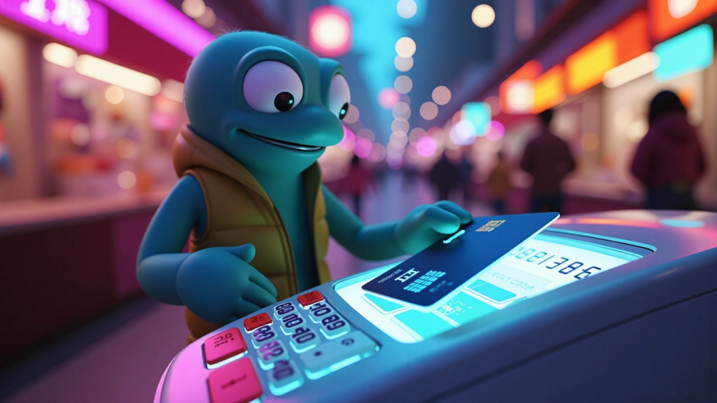A stylized illustration of a character using a credit card at a mobile payment terminal, representing mobile payment accounting and transaction recording.