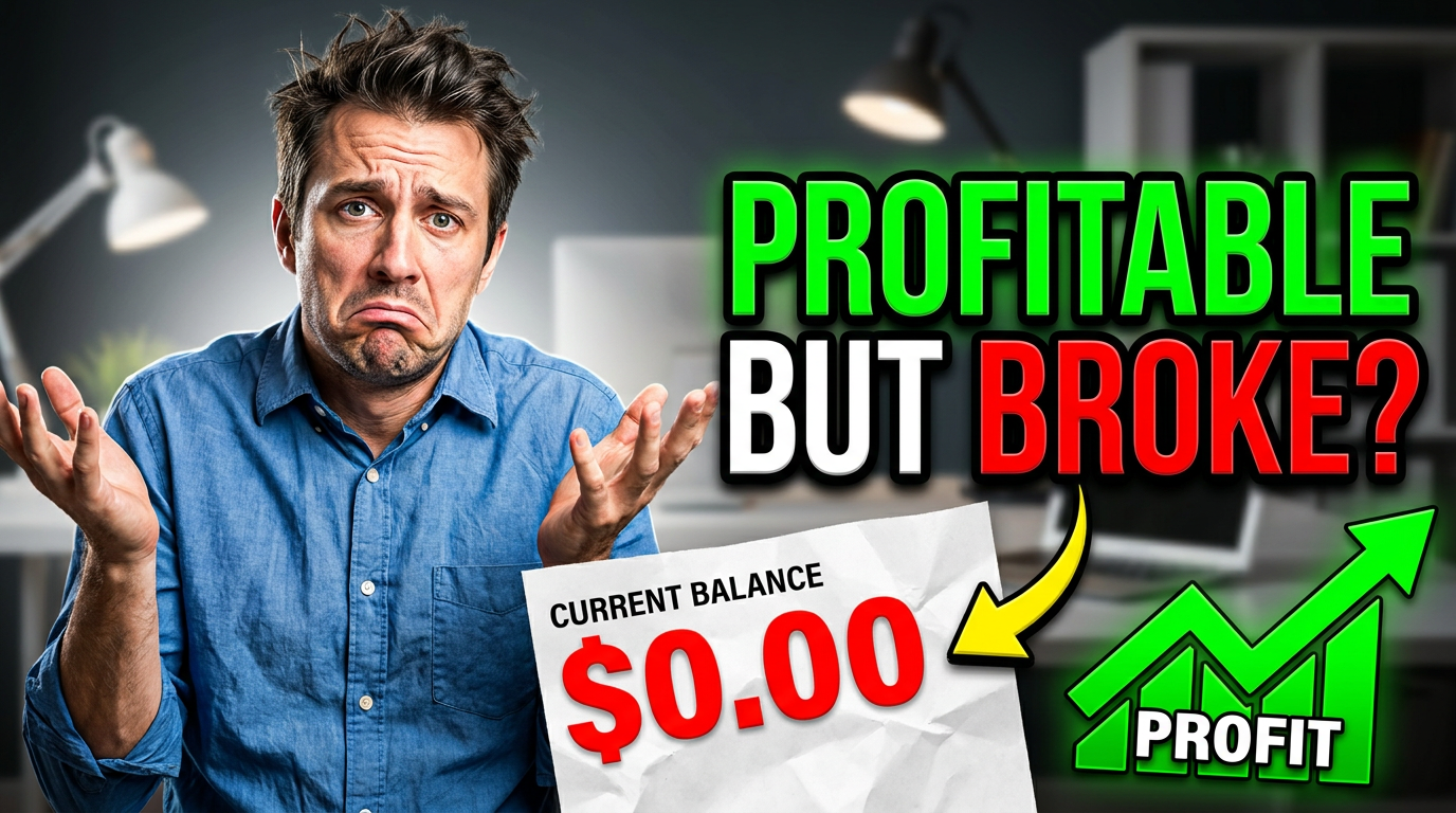 Bold thumbnail with confused owner and 'PROFITABLE BUT BROKE?' text, illustrating cash flow management for small businesses.