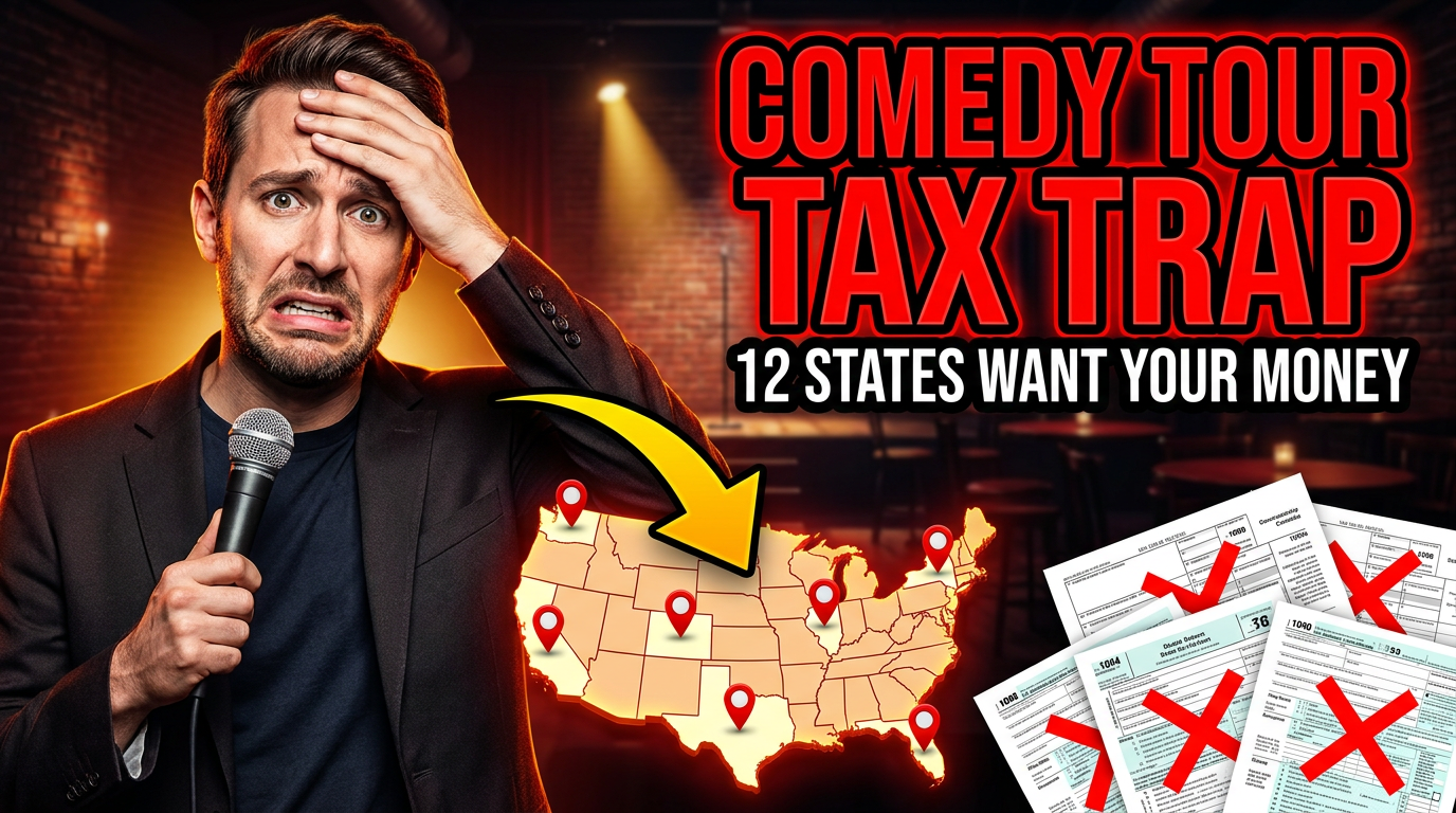 Bold thumbnail with stressed comedian and 'COMEDY TOUR TAX TRAP' text, illustrating tax strategies for touring comedians.
