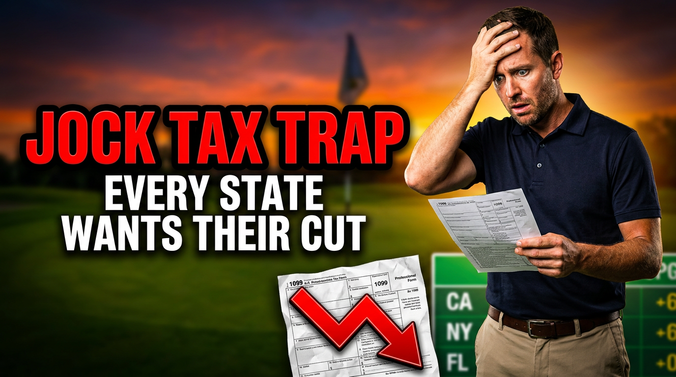 Bold thumbnail with frustrated golfer and 'JOCK TAX TRAP' text, illustrating 1099 reporting for professional golfers.
