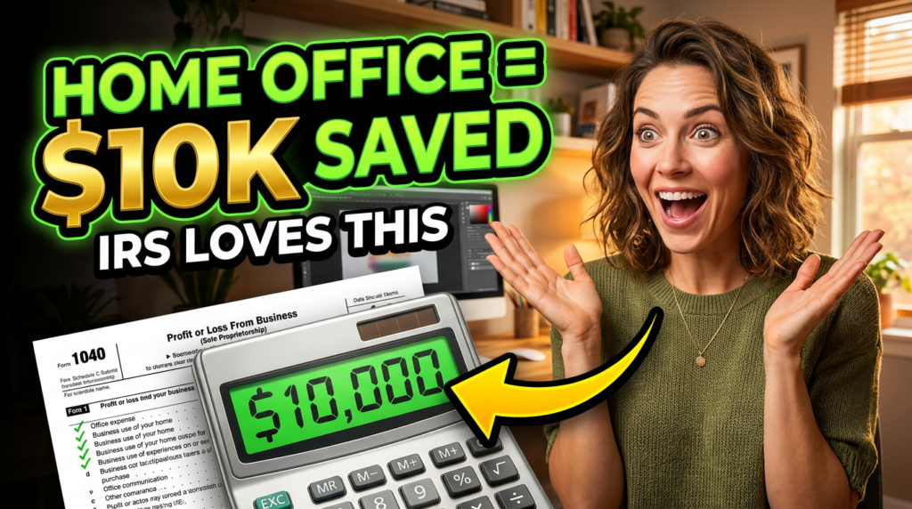 Thumbnail with excited freelancer and 'HOME OFFICE = $10K SAVED', illustrating home office deduction for creatives.
