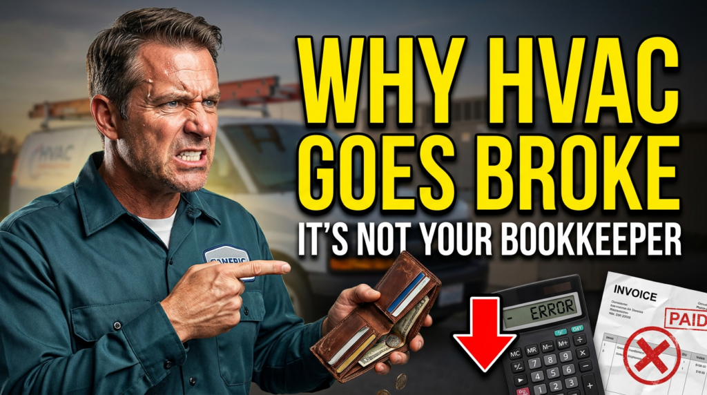 Bold thumbnail with frustrated HVAC contractor and 'WHY HVAC GOES BROKE' text, illustrating HVAC accounting job costing.