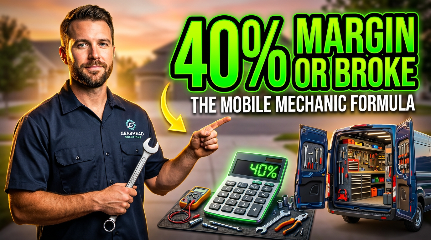 Thumbnail with confident mechanic and '40% MARGIN OR BROKE' text, illustrating mobile mechanic profit margin calculation.