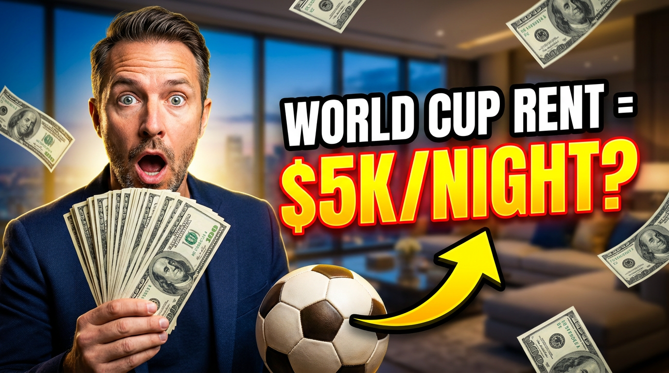 Bold thumbnail with shocked host holding cash and '$5K/NIGHT?' text, illustrating World Cup short-term rental tax strategies.
